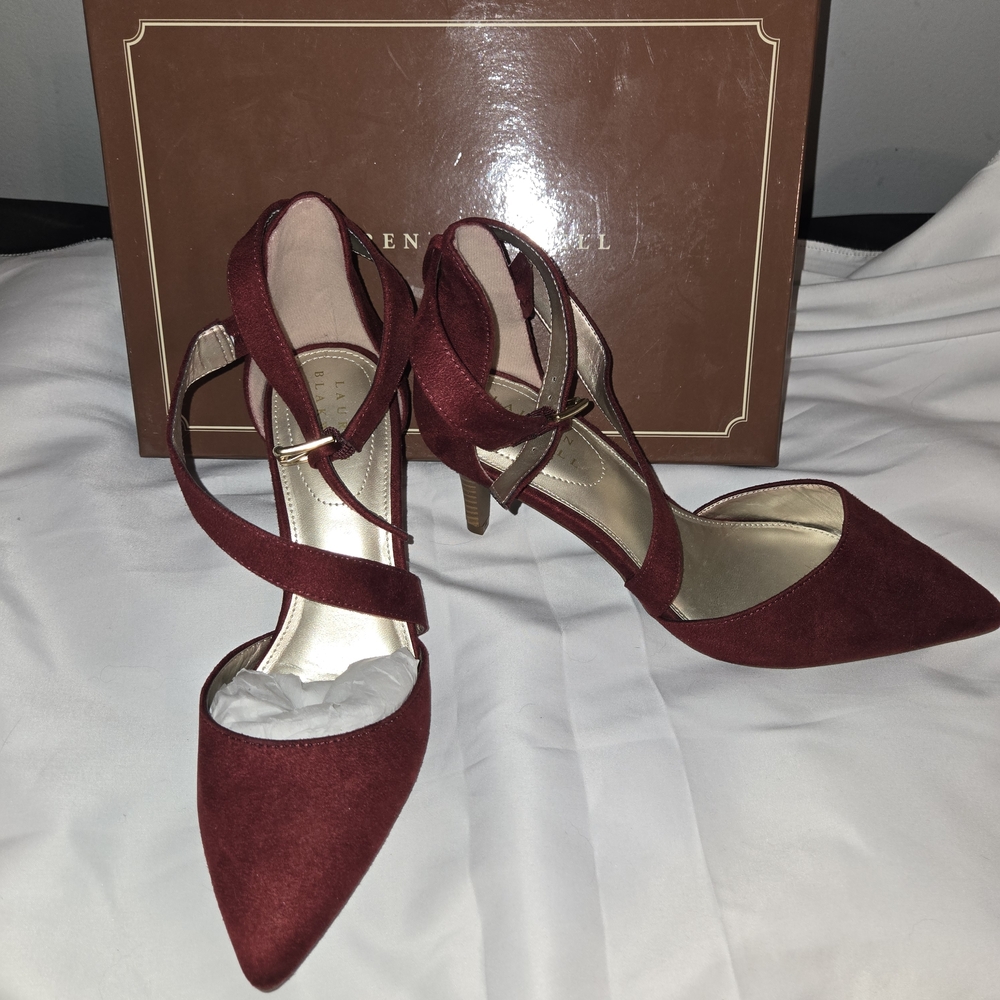 Lauren Blakwell Burgundy Suede Pointed Toe Ankle Strap Heels Pumps Size 8 - Picture 1 of 6